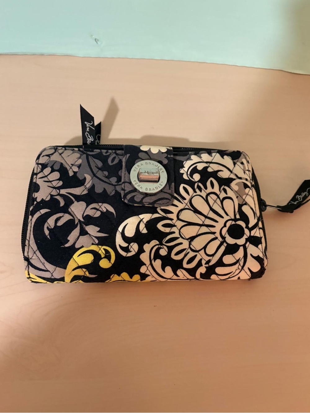 Vera Bradley Turn Lock Wallet Baroque Black Yellow Floral Retired Quilted Y2K